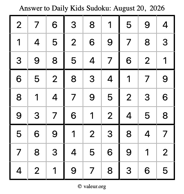 Answer to kids sudoku August 20, 2026