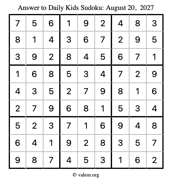 Answer to kids sudoku August 20, 2027