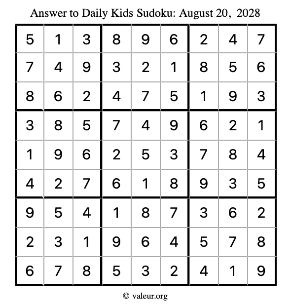 Answer to kids sudoku August 20, 2028
