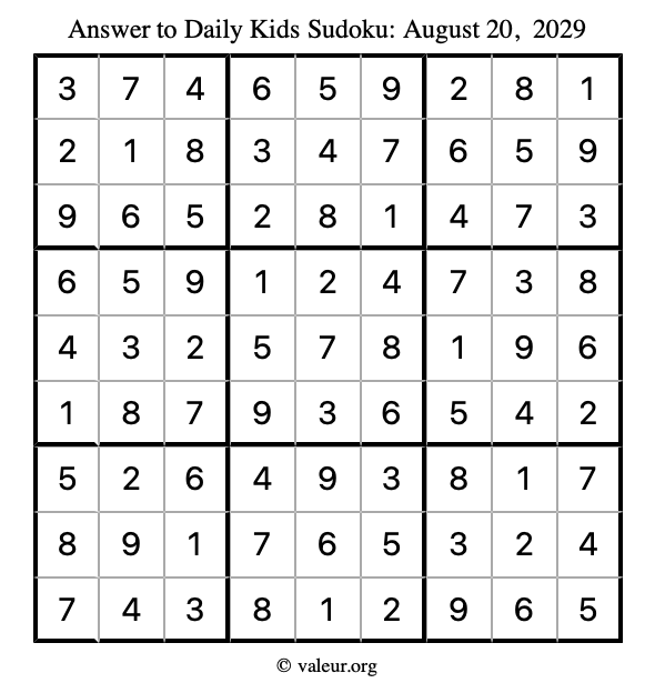 Answer to kids sudoku August 20, 2029