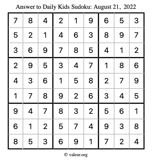 Answer to kids sudoku August 21, 2022