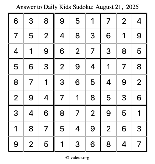 Answer to kids sudoku August 21, 2025