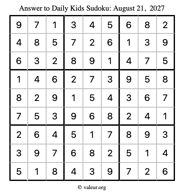 Answer to kids sudoku August 21, 2027
