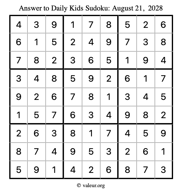 Answer to kids sudoku August 21, 2028