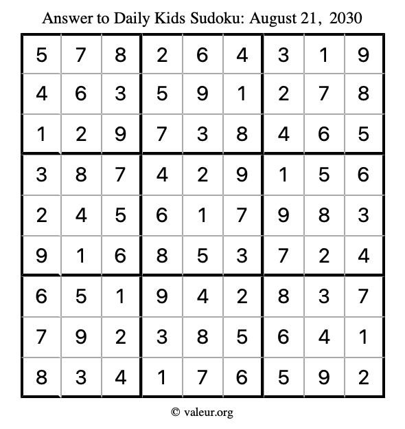 Answer to kids sudoku August 21, 2030