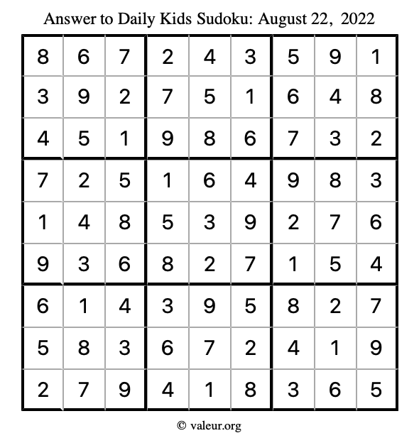 Answer to kids sudoku August 22, 2022