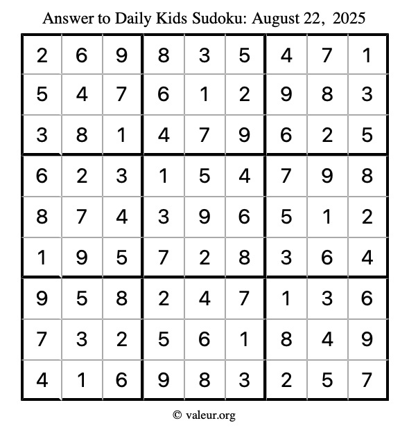 Answer to kids sudoku August 22, 2025