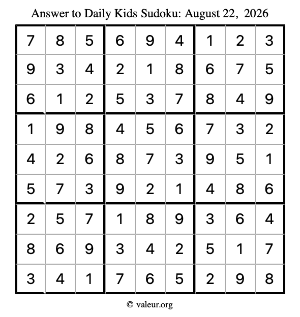 Answer to kids sudoku August 22, 2026