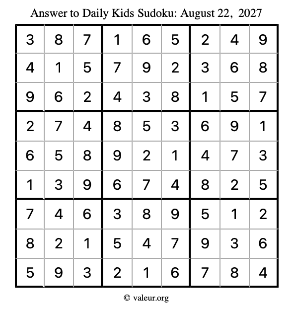 Answer to kids sudoku August 22, 2027
