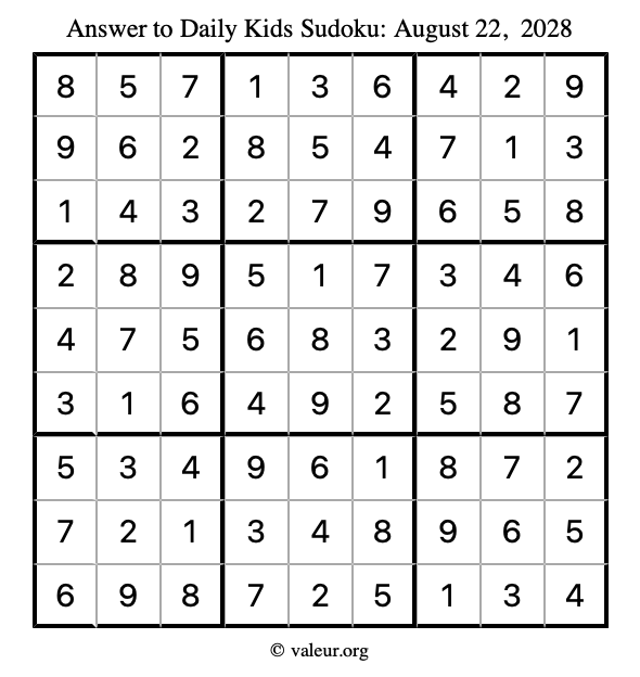 Answer to kids sudoku August 22, 2028