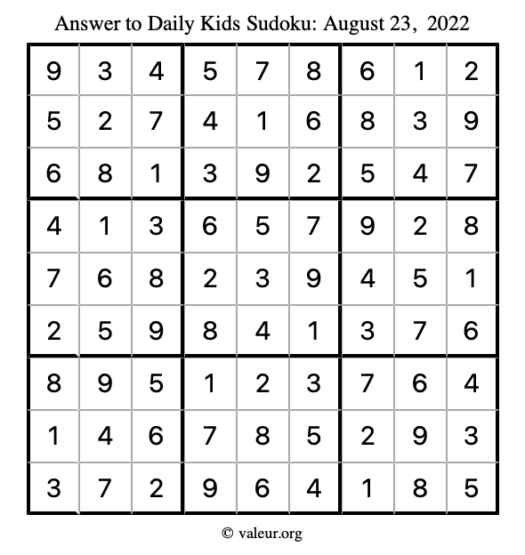 Answer to kids sudoku August 23, 2022