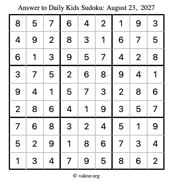 Answer to kids sudoku August 23, 2027