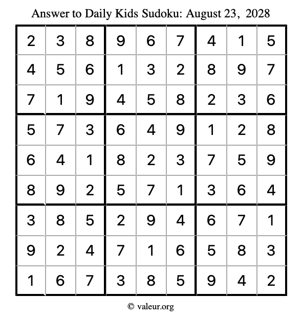 Answer to kids sudoku August 23, 2028