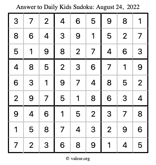 Answer to kids sudoku August 24, 2022