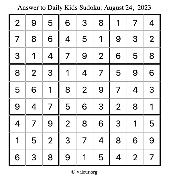 Answer to kids sudoku August 24, 2023