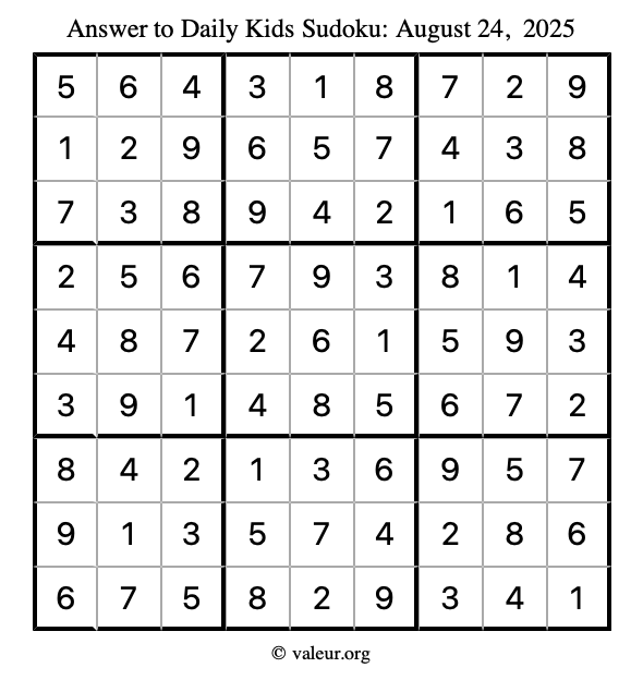 Answer to kids sudoku August 24, 2025