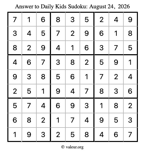 Answer to kids sudoku August 24, 2026