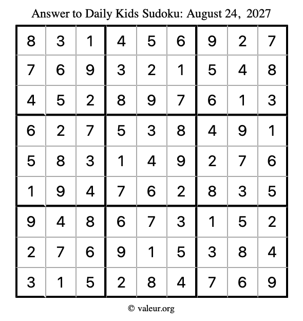 Answer to kids sudoku August 24, 2027