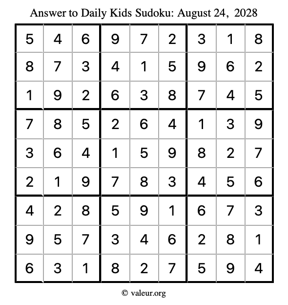 Answer to kids sudoku August 24, 2028