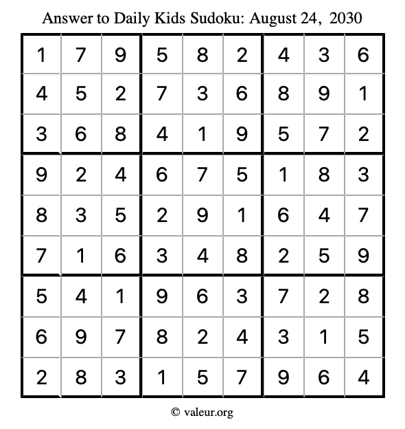 Answer to kids sudoku August 24, 2030