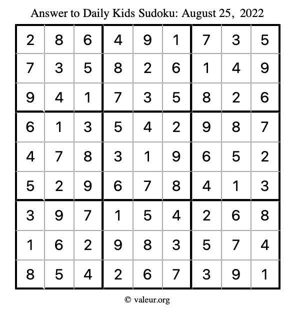Answer to kids sudoku August 25, 2022