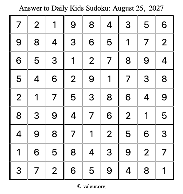 Answer to kids sudoku August 25, 2027