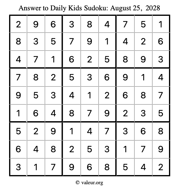 Answer to kids sudoku August 25, 2028
