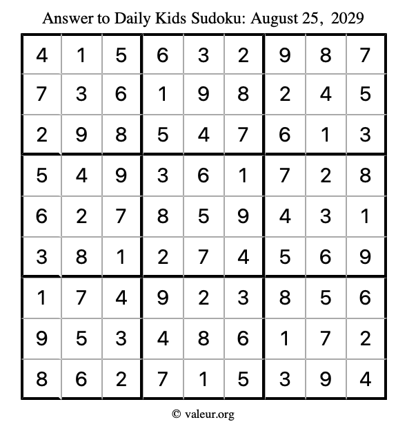 Answer to kids sudoku August 25, 2029
