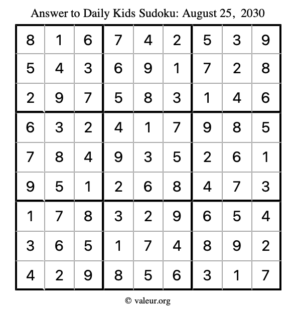 Answer to kids sudoku August 25, 2030