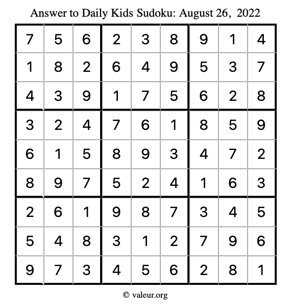 Answer to kids sudoku August 26, 2022