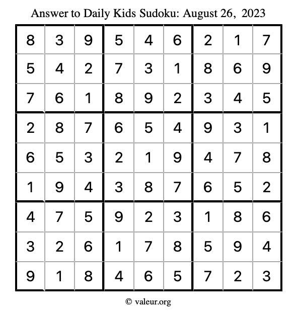 Answer to kids sudoku August 26, 2023