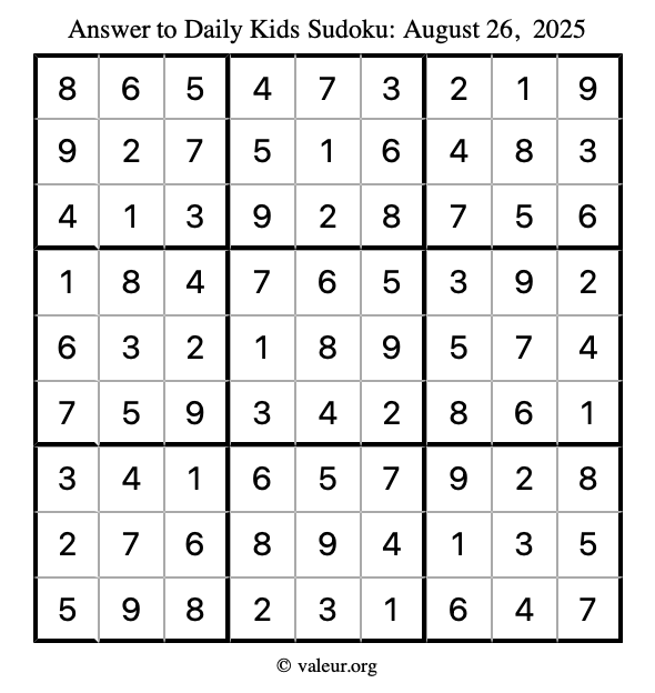 Answer to kids sudoku August 26, 2025