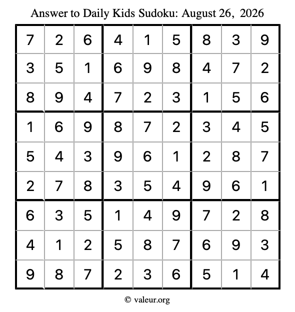 Answer to kids sudoku August 26, 2026