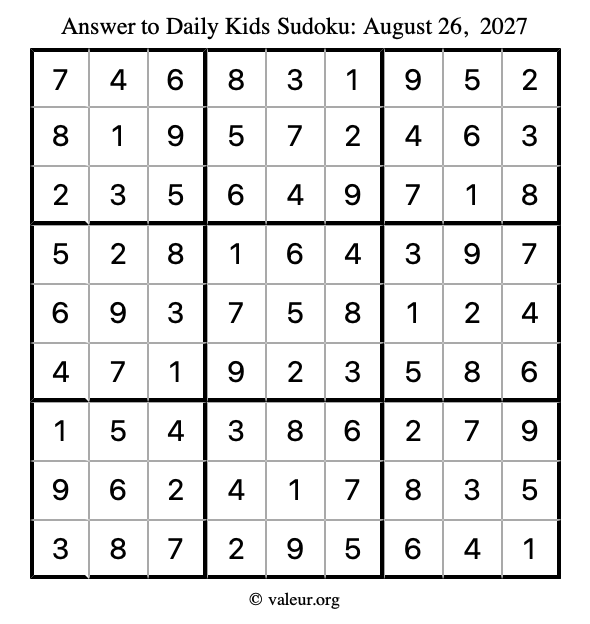 Answer to kids sudoku August 26, 2027