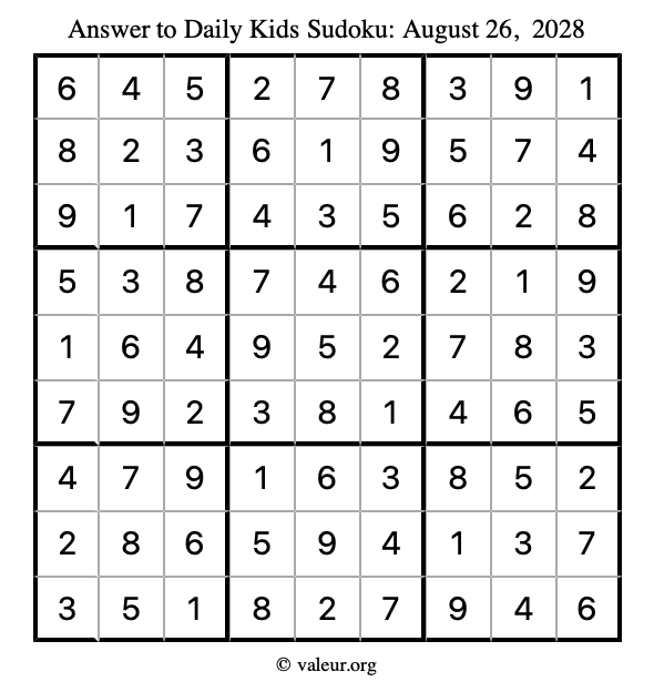 Answer to kids sudoku August 26, 2028