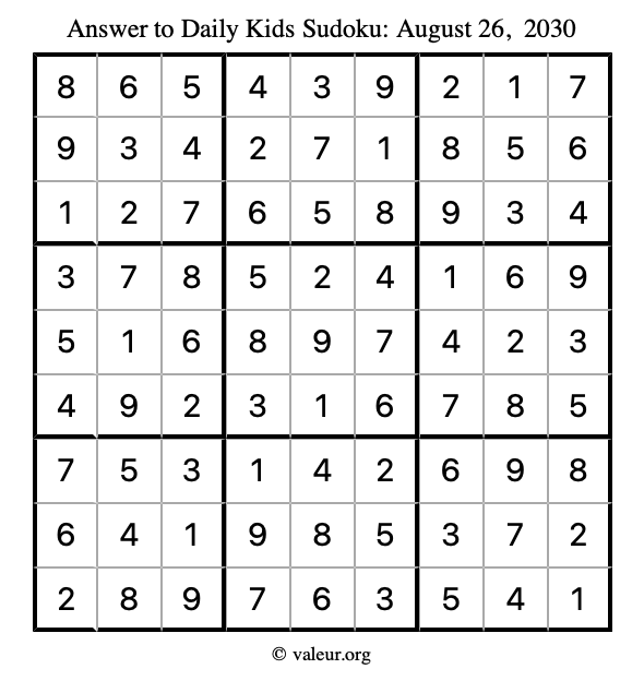 Answer to kids sudoku August 26, 2030