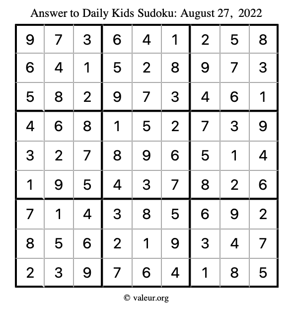 Answer to kids sudoku August 27, 2022