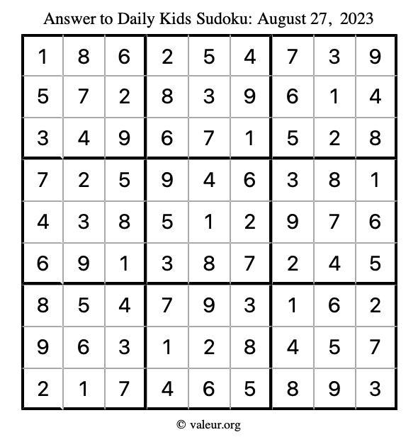 Answer to kids sudoku August 27, 2023