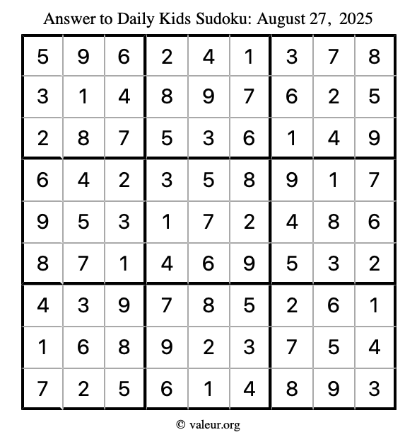 Answer to kids sudoku August 27, 2025