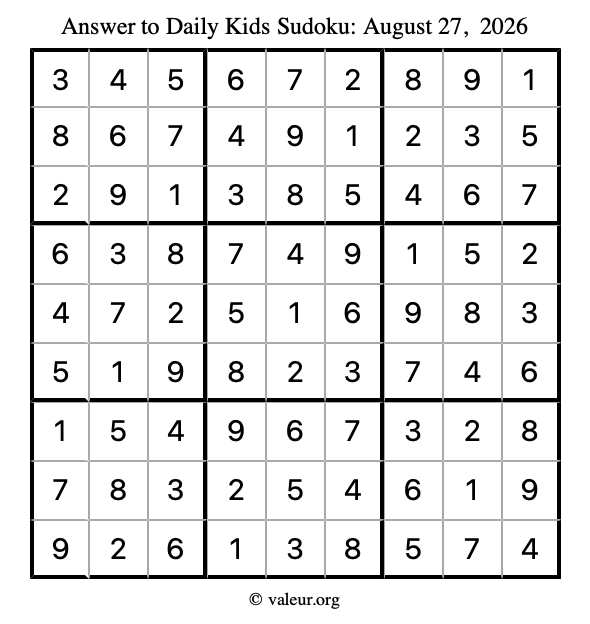 Answer to kids sudoku August 27, 2026