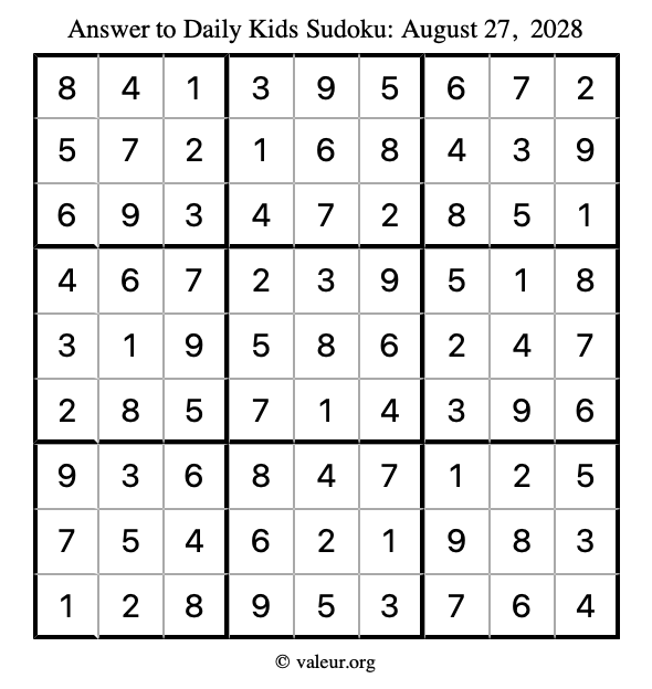 Answer to kids sudoku August 27, 2028