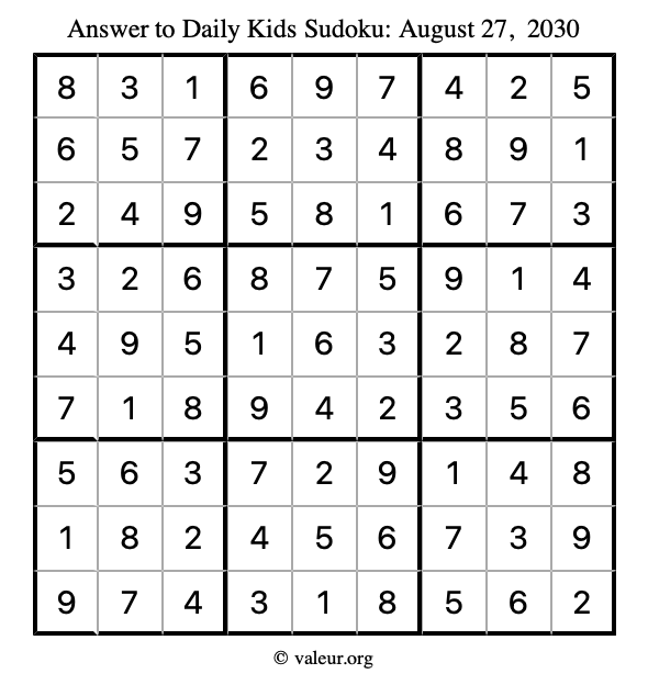 Answer to kids sudoku August 27, 2030