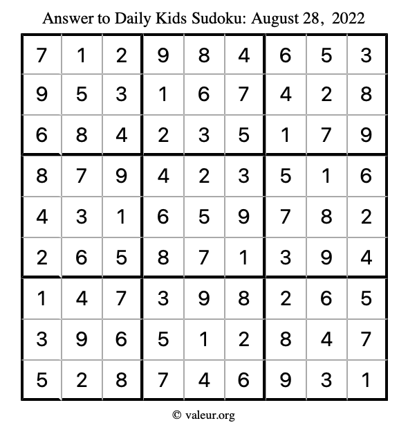 Answer to kids sudoku August 28, 2022