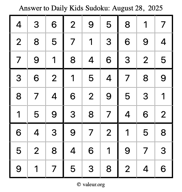 Answer to kids sudoku August 28, 2025