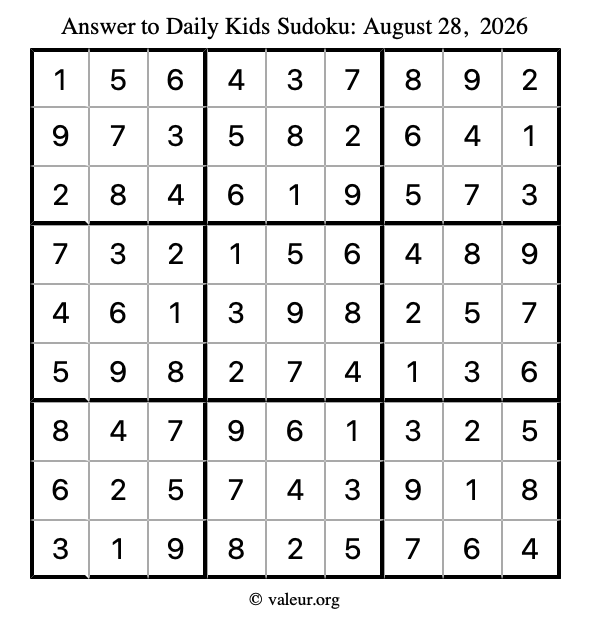 Answer to kids sudoku August 28, 2026