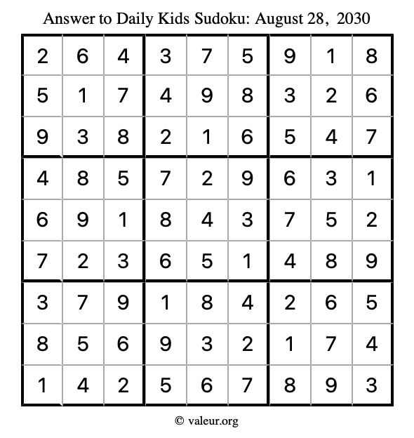 Answer to kids sudoku August 28, 2030