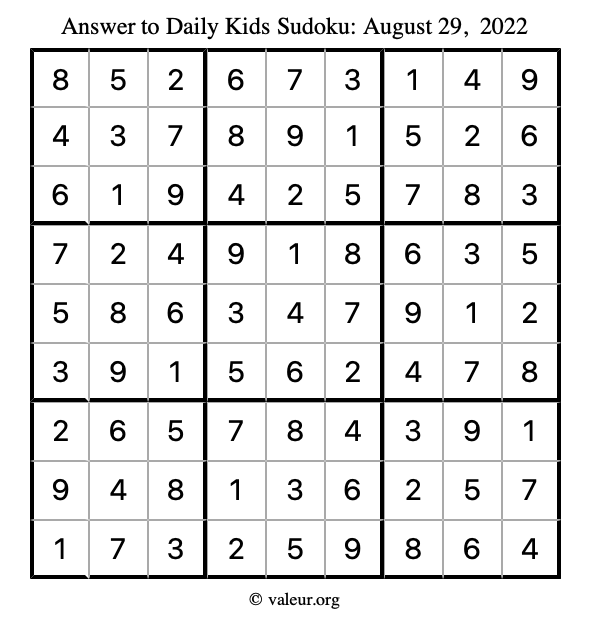 Answer to kids sudoku August 29, 2022