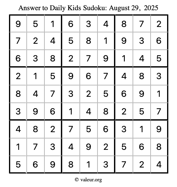 Answer to kids sudoku August 29, 2025