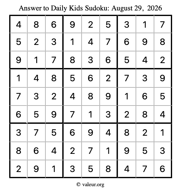 Answer to kids sudoku August 29, 2026