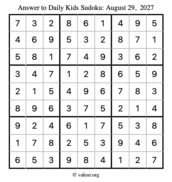 Answer to kids sudoku August 29, 2027